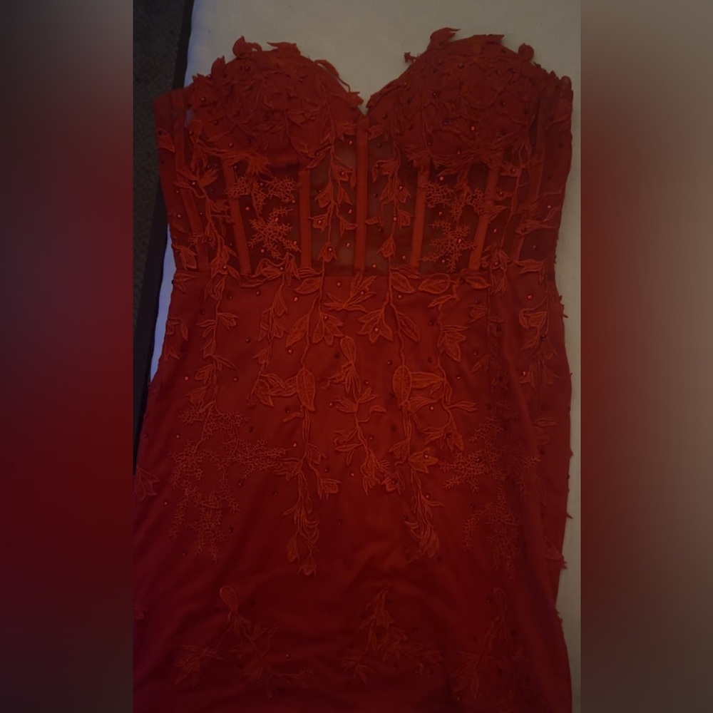 Red Strapless Floral Lace Corset Mini Hoco Dress